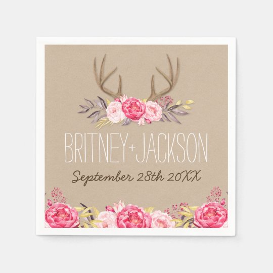 Rustic Peony And Deer Antler Wedding Napkins Zazzle Rustic Peony And Deer Antler Wedding Napkins