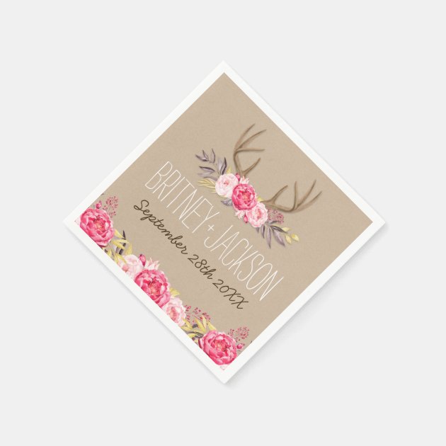 Rustic Peony And Deer Antler Wedding Napkins