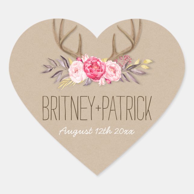 Rustic Peony & Deer Antler Wedding Favors Seals (Front)