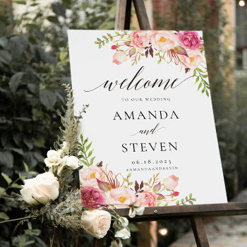 Rustic Peony Floral Wedding Welcome Sign by Precious_Presents at Zazzle