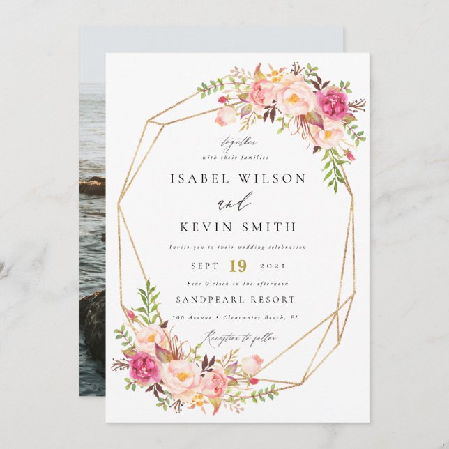 Rustic Peony Flowers Geometric frame wedding Invitation (Front/Back)