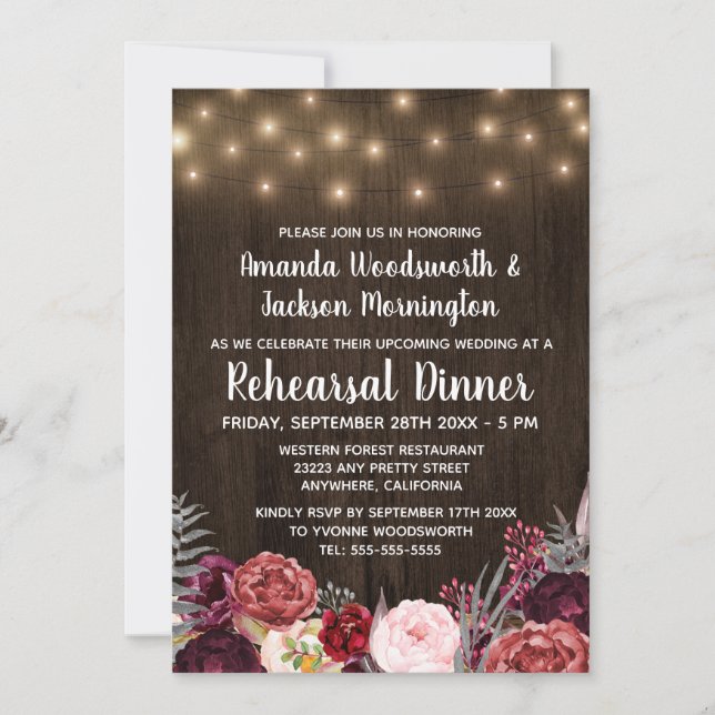Rustic Peony Marsala Rehearsal Dinner Invitations (Front)