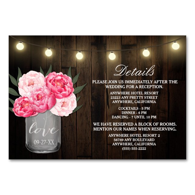 Rustic Peony Wedding Reception Accommodation Cards (Front)