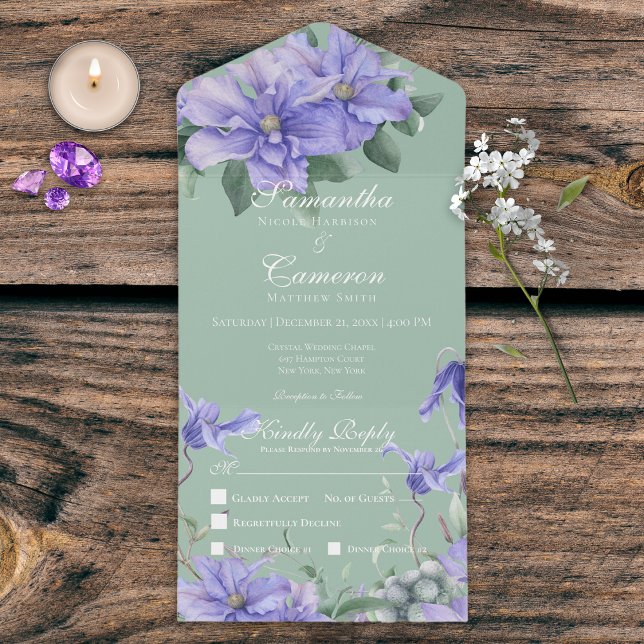 Rustic Periwinkle Flowers & Butterfly Green Dinner All In One Invitation (Creator Uploaded)