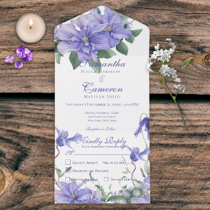 Rustic Periwinkle Flowers & Butterfly White Dinner All In One Invitation