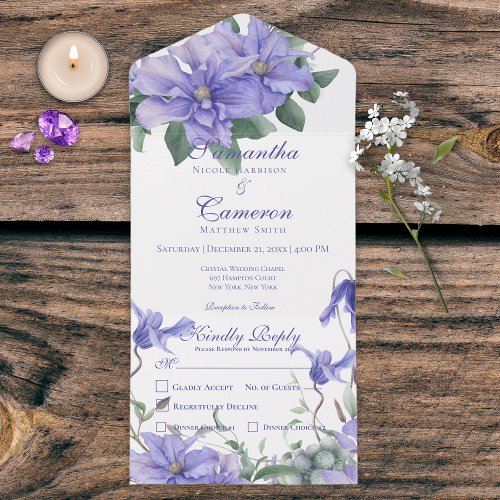 Rustic Periwinkle Flowers  Butterfly White Dinner All In One Invitation