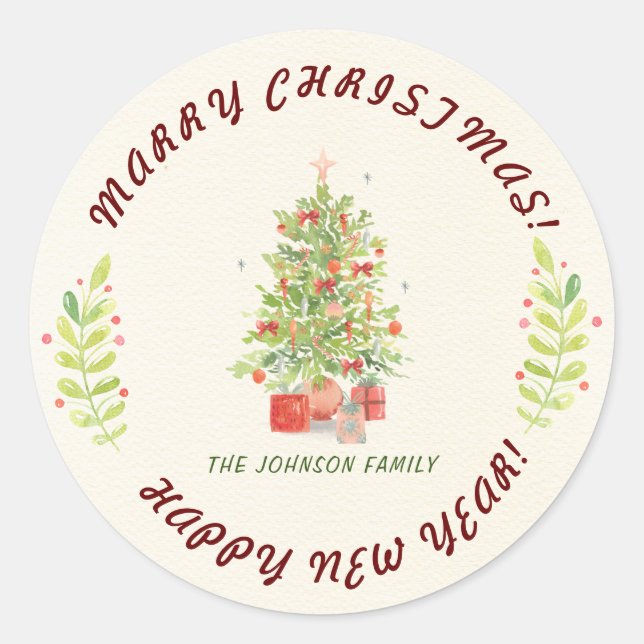 Rustic Personalize Greenery Christmas Classic Round Sticker (Front)