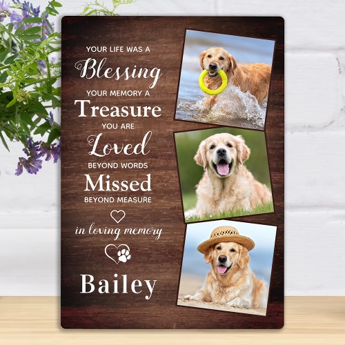 Rustic Personalized 3 Photo Dog Loss Pet Memorial Plaque