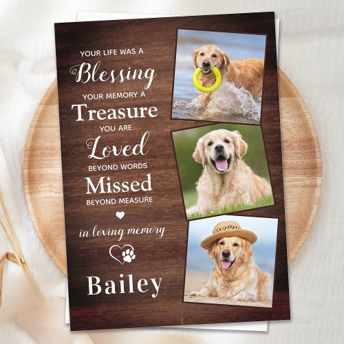 Rustic Personalized 3 Photo Dog Loss Pet Memorial Thank You Card