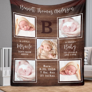 Rustic Personalized 5 Photo Collage New Baby Fleece Blanket