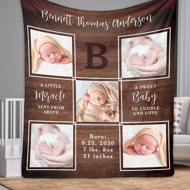 Rustic Personalized 5 Photo Collage New Baby Fleece Blanket (Creator Uploaded)