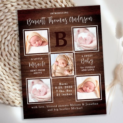 Rustic Personalized 5 Photo New Baby Announcement Postcard