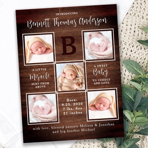 Rustic Personalized 5 Photo Newborn Baby Birth Announcement Postcard