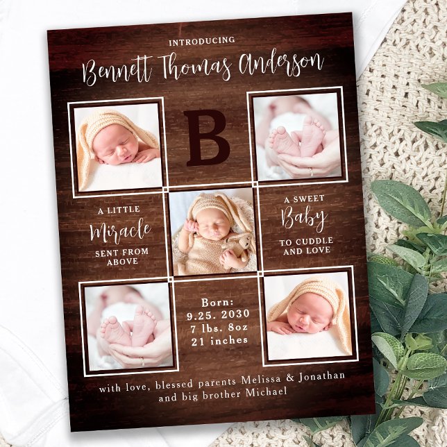 Rustic Personalized 5 Photo Newborn Baby Birth Announcement Postcard (Creator Uploaded)