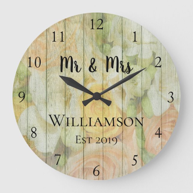 Rustic Personalized Antique Floral Wood Custom Large Clock (Front)