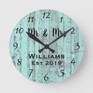 Rustic Personalized Aqua Vintage Wood Custom Round Clock