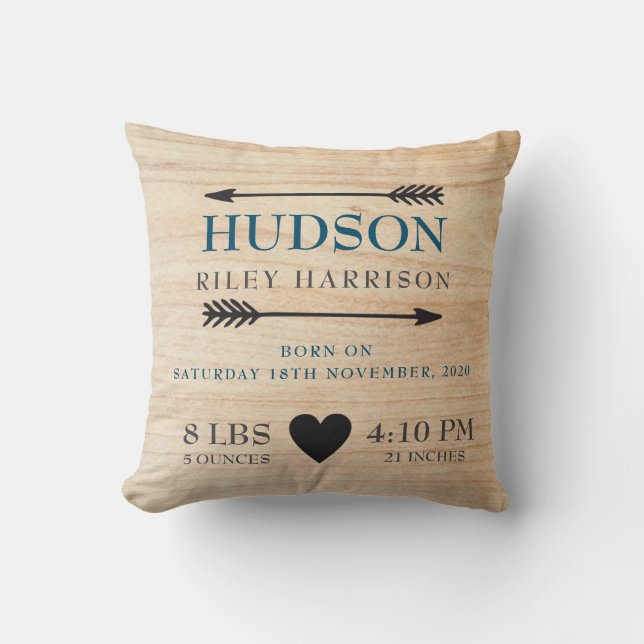 Rustic Personalized Baby Birth Stats Throw Pillow (Front)