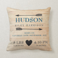 Rustic Personalized Baby Birth Stats Throw Pillow