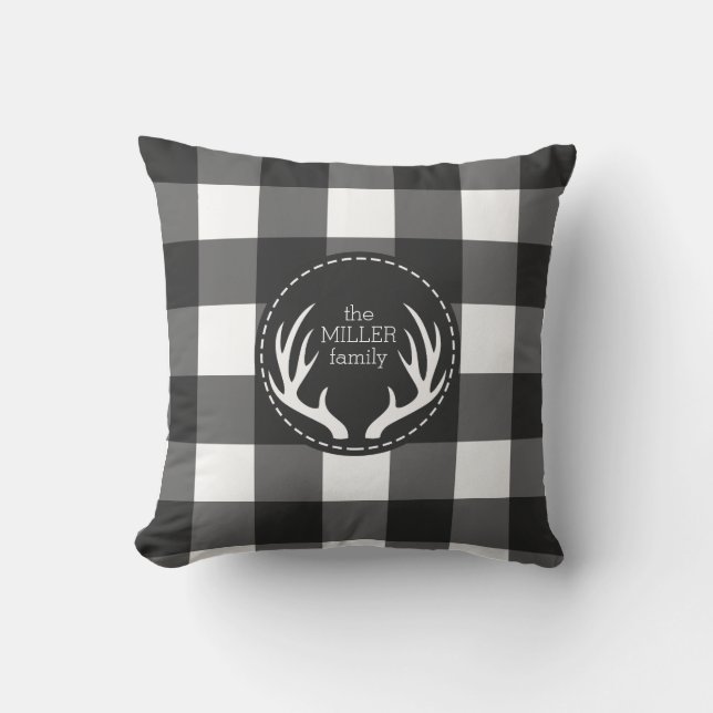 Rustic Personalized Black White Plaid Antler  Throw Pillow (Front)
