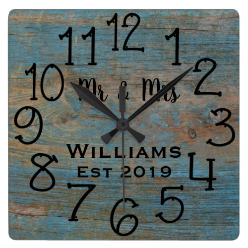 Rustic Personalized Blue Distressed Wood Custom Square Wall Clock