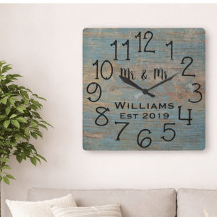 Rustic Personalized Blue Distressed Wood Custom Square Wall Clock
