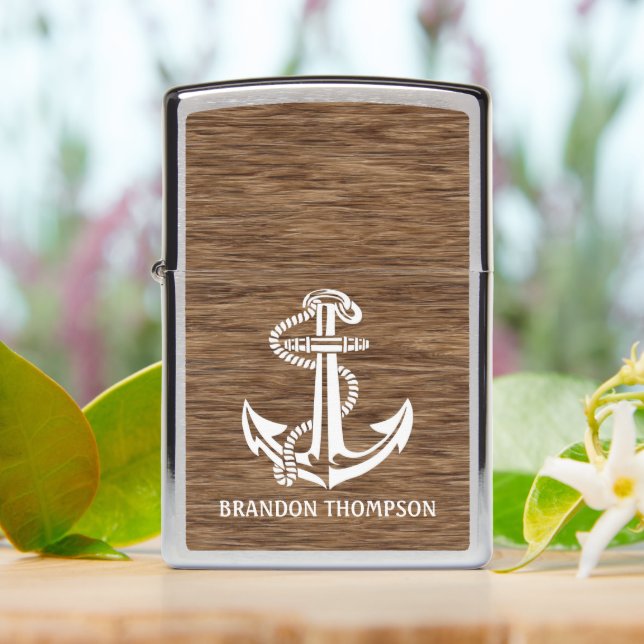 Rustic Personalized Boat Anchor Zippo Lighter (On Table)
