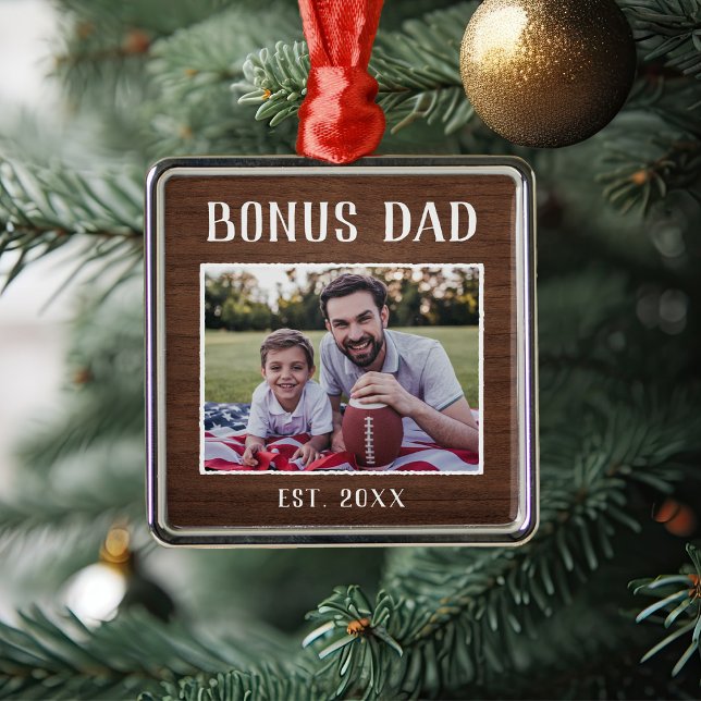 Rustic Personalized Bonus Dad Photo Metal Ornament (Creator Uploaded)