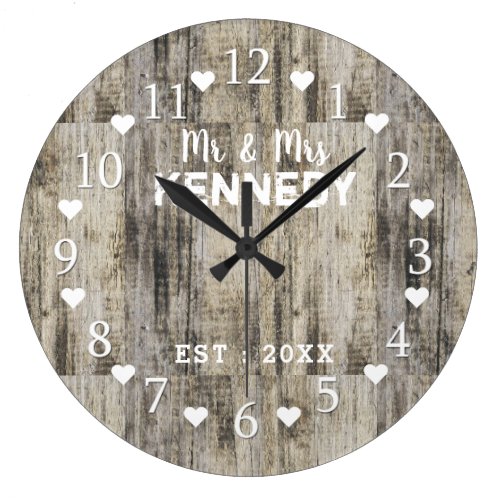 Rustic Personalized Brown Barn Wood Wedding Large Clock