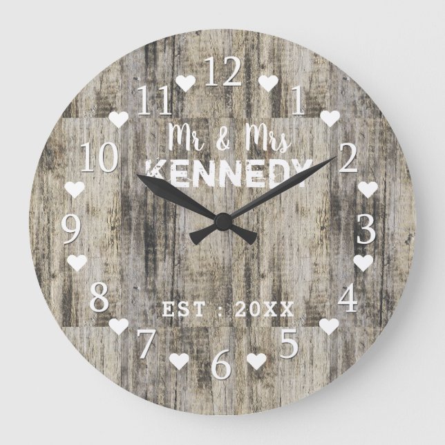 Rustic Personalized Brown Barn Wood Wedding Large Clock (Front)