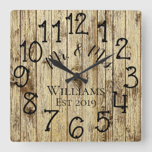 Rustic Personalized Brown Wood Custom Square Wall Clock