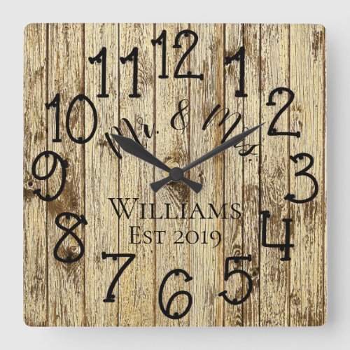 Rustic Personalized Brown Wood Custom Square Wall Clock