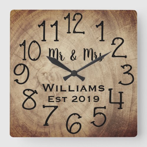 Rustic Personalized Brown Wood Custom Square Wall Clock