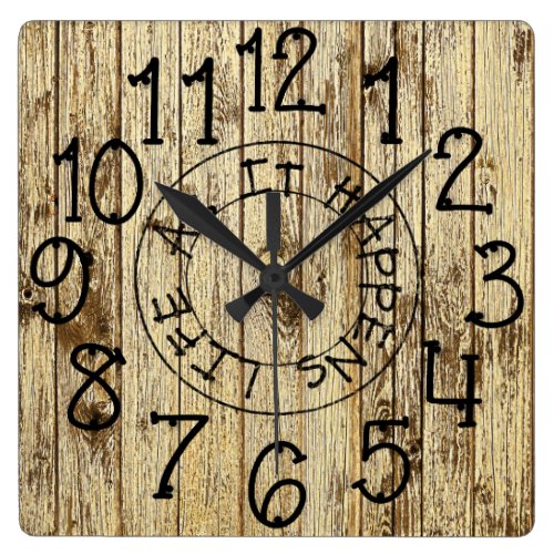 Rustic Personalized Brown Wood Life as it Happens Square Wall Clock