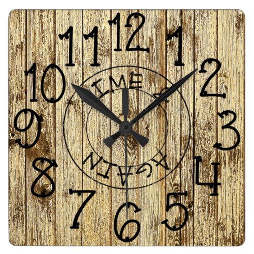 Rustic Personalized Brown Wood Time and Again Square Wall Clock