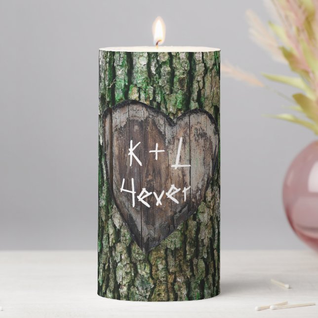 Rustic Personalized Carved Tree Heart Lovers Pillar Candle (In Situ)