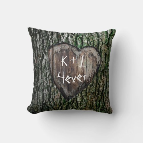 Rustic Personalized Carved Tree Heart Lovers Throw Pillow