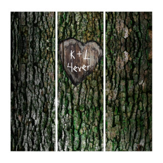Rustic Personalized Carved Tree Heart Lovers Triptych