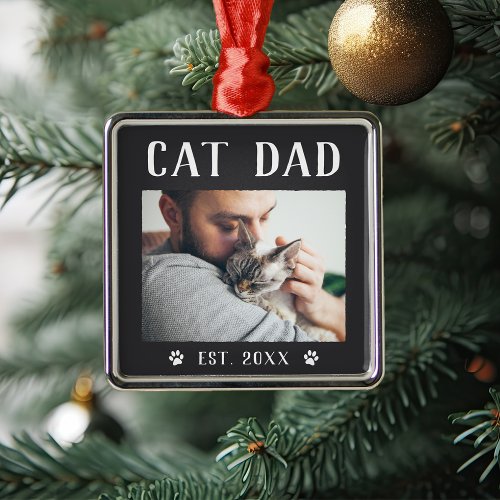 Rustic Personalized Cat Dad Photo Metal Ornament