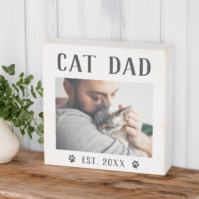 Rustic Personalized Cat Dad Photo Wooden Box Sign (Creator Uploaded)