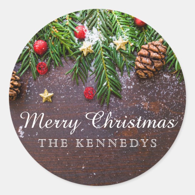 Rustic Personalized Christmas Classic Round Sticker (Front)