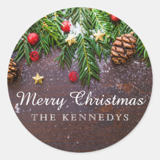 Rustic Personalized Christmas Classic Round Sticker