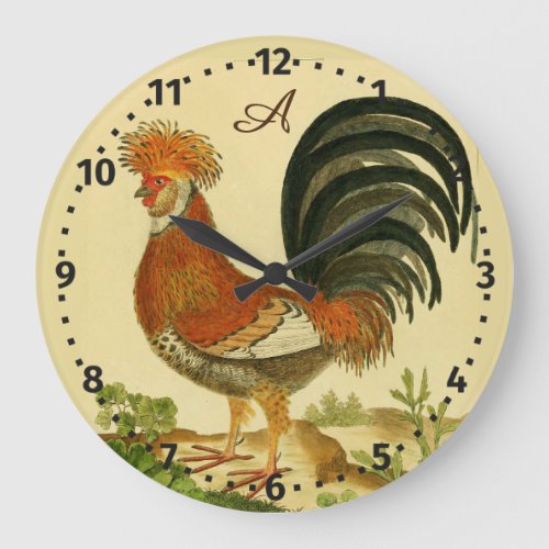 Rustic Personalized Colorful Rooster chicken Round Large Clock