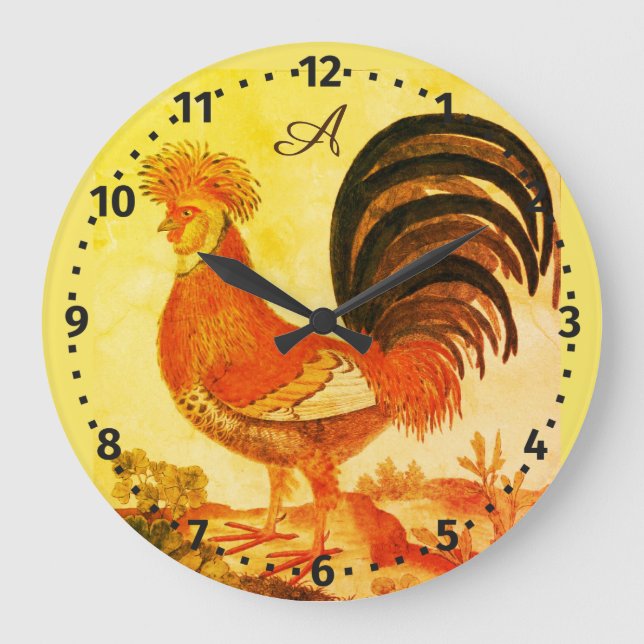 Rustic Personalized Colorful Rooster chicken Round Large Clock (Front)