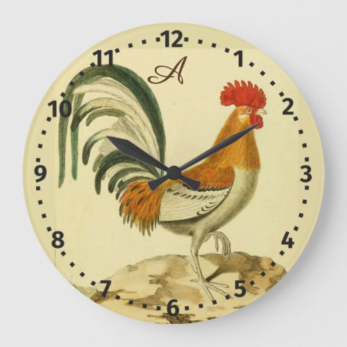 Rustic Personalized Colorful Rooster chicken Round Large Clock