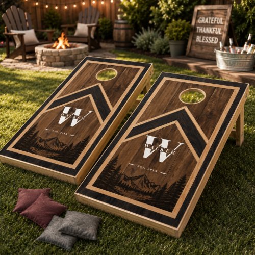 Rustic Personalized Family Name Monogram Cornhole Set