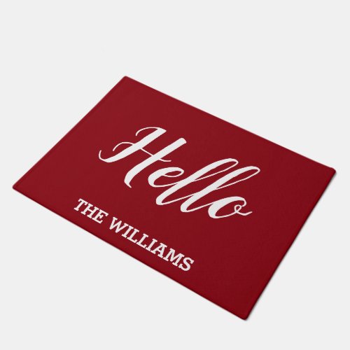 Rustic Personalized Family Name with Hello red Doormat