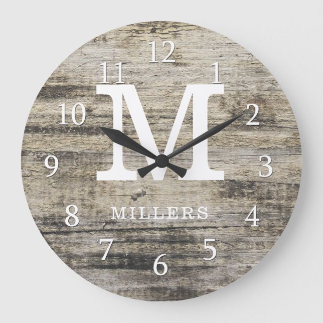 Rustic Personalized Farmhouse Wood Monogram Large Clock (Front)