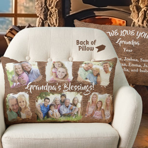 Rustic Personalized Grandpa Grandkids Photo Names Lumbar Pillow