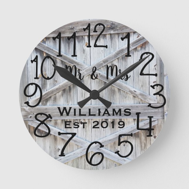 Rustic Personalized Gray Wood Custom Round Clock (Front)