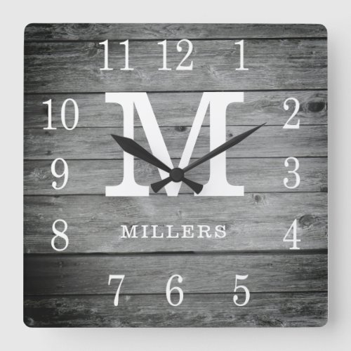 Rustic Personalized Gray Wood Farmhouse Monogram Square Wall Clock